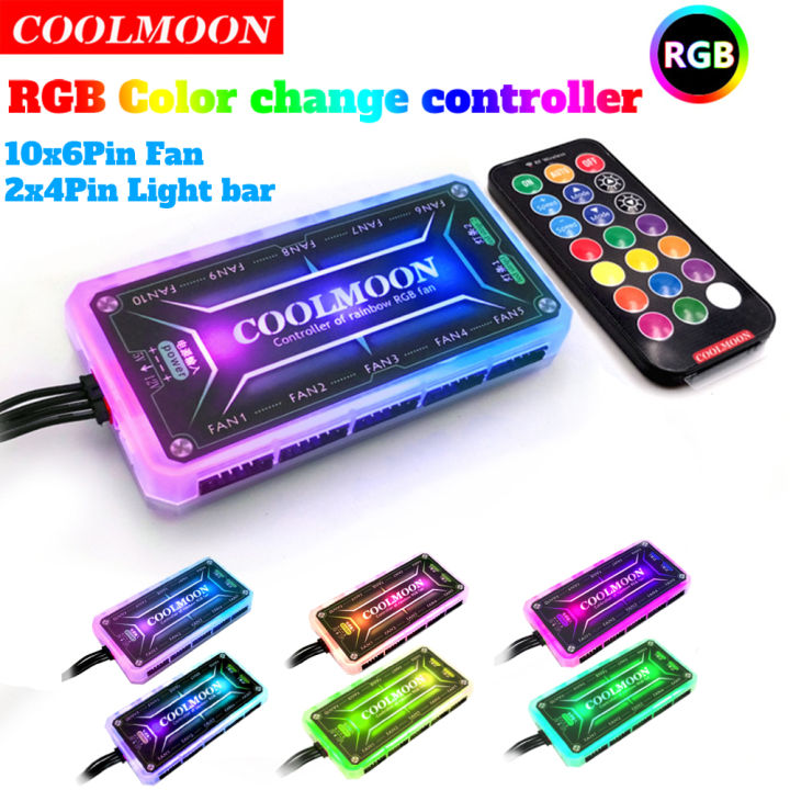 Coolmoon Rgb Remote Controller Dc12v 5a Led Color Intelligent Fan Controller With 10pcs 6pin Fan Ports 2pcs 4pin Bar Ports