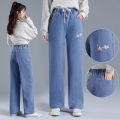 Embroidered Striped Denim Trousers for Older Girls12--16Jeans Women's Loose Slimming High Waist Big Children's Wide Leg Pants. 