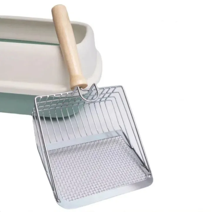 Hollow Wooden Handle Cat Litter Scoop Small Hole 2 in Pet Litter Shovel with Hook Large Kitten Toilet Cleaning Tool Feces Cleaning