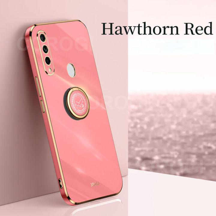 For Samsung Galaxy A20s Back Cover with Ring Holder Stand Plating Square Bumper Protective Case Camera Lens Protection Soft Silicone Shockproof Mobile Phone Cases