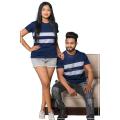 Navy Blue Color White Two Lines Couple T Shirts | AS502. 