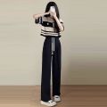 Fashion Suit Women's Summer New Korean Style Loose Salt Wear StripedPoloCollar Top Wide Leg Pants Two-Piece Set. 
