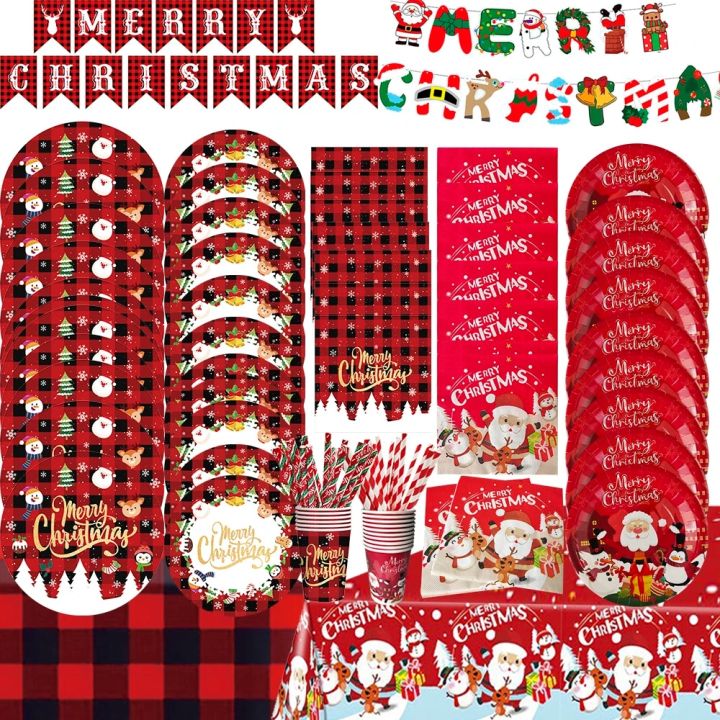 Christmas Disposable Paper Tableware Red Black Plaid Plate Cup Napkin Banner Straw Merry Christmas Decoration 2023 Party Supplie