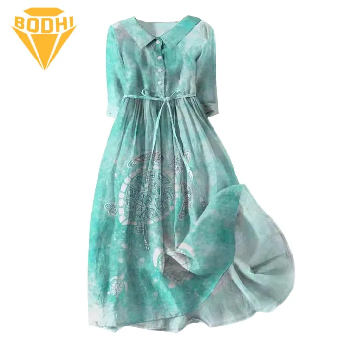 Bohemian Style Dress Bohemian Style Floral Print Midi Dress with Lace-up Strap Fashion Trend Women Lapel Dress