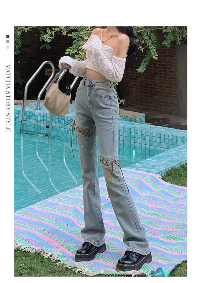 Hot Girl High Waist Drooping Lace-up Jeans for Women 2024 Summer 