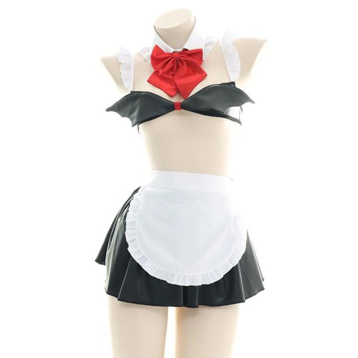 【Good selling】Anime Succubus Devil Maid Cosplay Costume Women Leather Maid Dress Apron Suit Nightdress Underwear Halloween Party Clothes