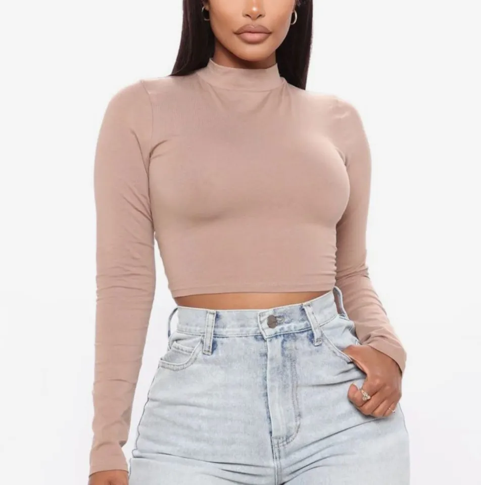 Long Sleeve Mock Neck Crop Top Women's Casual Solid Color T-Shirt