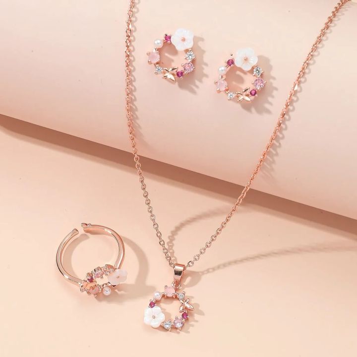 【hot】 4 Pieces Rose Gold-Color Lady Flower Fashion Accessories Zircon Simple Ornate Exquisite Necklace Ring Earrings Jewelry Set