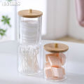 Storage Box Bathroom Jar Makeup Organizer Cotton Pad Holder Cotton Holder Dispenser with Bamboo Lid Clear Plastic. 