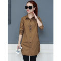 Yfashion Women Cotton Shirt Solid Color Lapel Long Sleeve Slim Fit Top Mid-length Cardigan T-shirt color. 