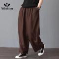 Yfashion Women Cotton Loose Wide-leg Pants Casual Cotton Linen Simple Solid Color Trousers Mid-waist Large Size Thin Pants. 