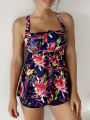 2023 Floral Printed Tankini Set Two Piece Swimsuit Short Women Drawstring Swimwear Female Bathing Suit Beachwear Swimming Summer. 