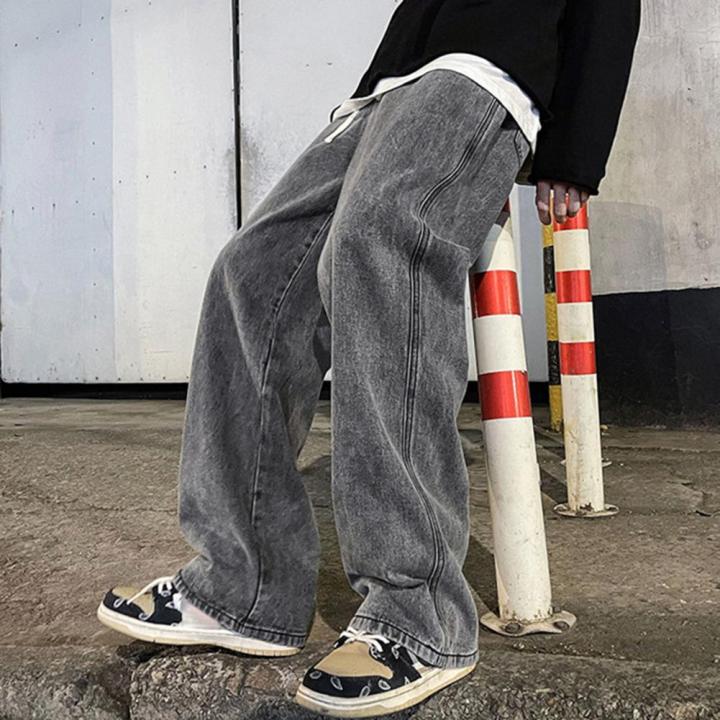 Korean%20Fashion%20Men's%20Baggy%20Jeans%20Elastic%20Waist%20Classic%20olid%20Color%20Straight-leg%20Denim%20Wide-leg%20Pants%20Male%20Light%20Blue%20Grey%20-%20Image%203