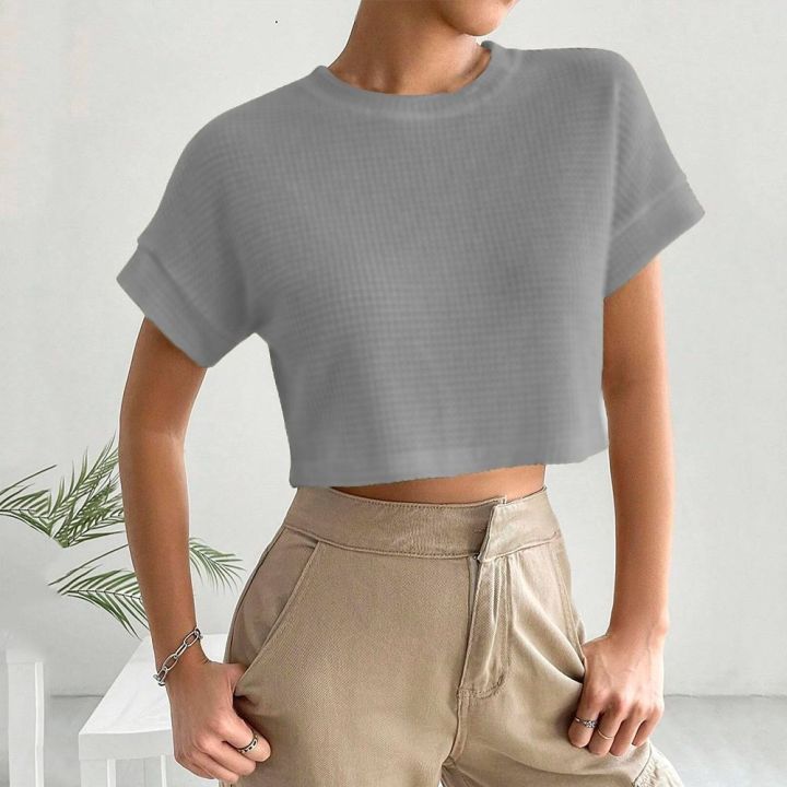 Top Summer Korean Style Extra Large Size Baggy Stretchy Waffle Fabric 190 Gsm Bat Sleeve Tee Women's Clothing Loose-Fitting Batwing Sleeve Waffle Crop, Hip Pop Leader Top Shirt Blouse Western Style Blouse Ladies Short Sleeve Clothing T-Shirt In Ash Colour
