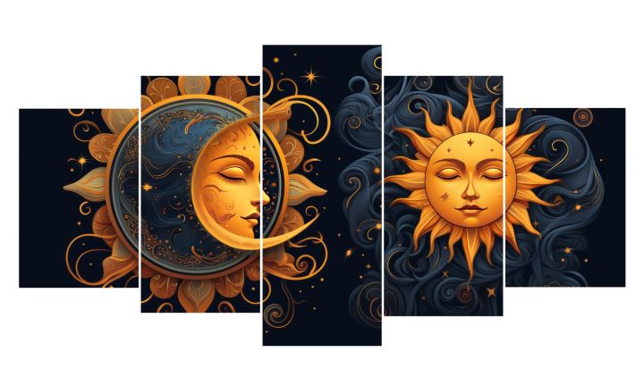 5 Panel Modern (5 feet) Home Decor 3D Wall Art Wood Framed - Sun & Moon