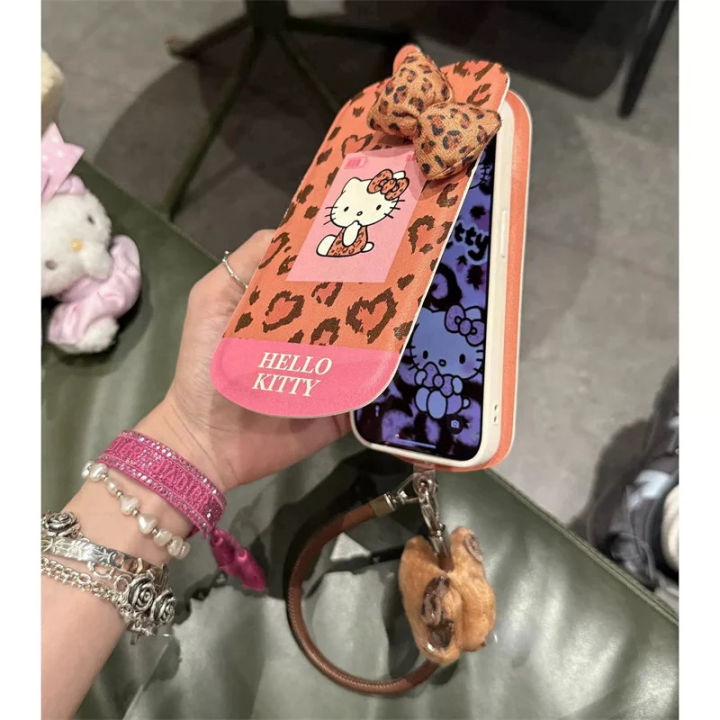 Zebf -- Luxury leopard print cute Hello Kitty make up mirror flip protect Case for iPhone 13 14 15 16pro Max retro mobile phone KT cover