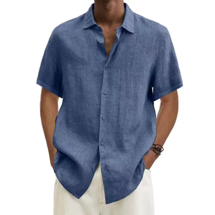 Yfashion%20Men%20Summer%20Large%20Size%20Cotton%20Linen%20T-shirt%20Trendy%20Solid%20Color%20V-neck%20Tops%20Lapel%20Short%20Sleeves%20Loose%20Casual%20Shirt%20color%20-%20Image%204