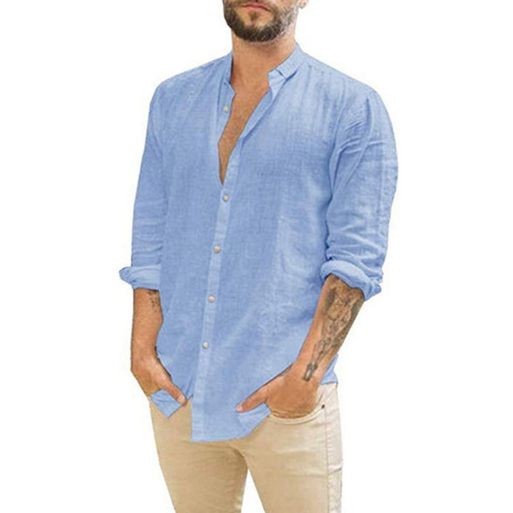 Yfashion%20Men%20%20Shirt%20Linen%20Cardigan%20Solid%20Color%20Casual%20Stand-up%20Collar%20Long-sleeved%20Shirt%20color%20-%20Image%205