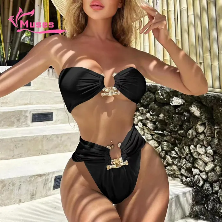 Muses Mall Slimming High-waisted Swimsuit Stylish 2pcs Women's Bikini Set with Metal Buckle Detail High Waist Swimsuit for Beachwear Quick Drying Solid Color Swimwear High-waisted Bikini Set