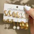 6Pairs/Set Elegant Women Circle Earrings Gold Alloy Pearl Earing Female. 