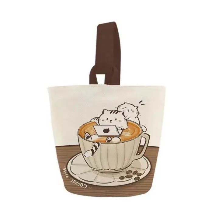 【ALLGOOD】Cartoon Printed Coffee Cat Bucket Bag Large Capacity Portable Lunch Pouch Fashion Canvas Handbag