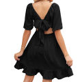 Yfashion 100% Polyester Summer New Solid Color Square Neck Short Sleeve Loose Open Back Tie Dress. 