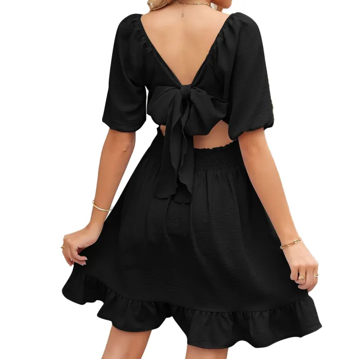 Yfashion%20100%25%20Polyester%20Summer%20New%20Solid%20Color%20Square%20Neck%20Short%20Sleeve%20Loose%20Open%20Back%20Tie%20Dress%20-%20Image%207