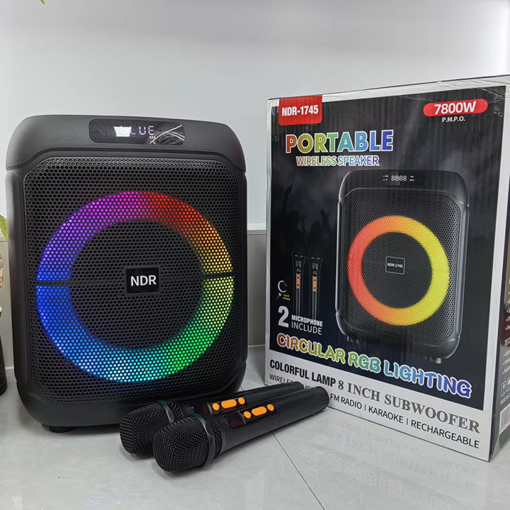 NDR-1745%208"%20Supper%20Bass%20Portable%20Wireless%20Bluetooth%20Speaker%20with%202%20Rechargable%20Wireless%20Mic%20RGB%20Light,%20FM%20Mic,%20FM,%20AUX,%20USB,%20SD%20Card,%20Karaoke%20Speaker%20with%20Dual%20Mic%20Buffel%20Subwoofer%20Music%20Player%20Party%20Box%20NDR%201745%20Partybox%20-%20Image%202