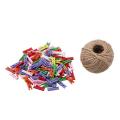200pcs Natural Wooden Mini Clot spins Clip Peg with 1 Roll 50 Meter Jute T Clips spin Craft Decoration. 