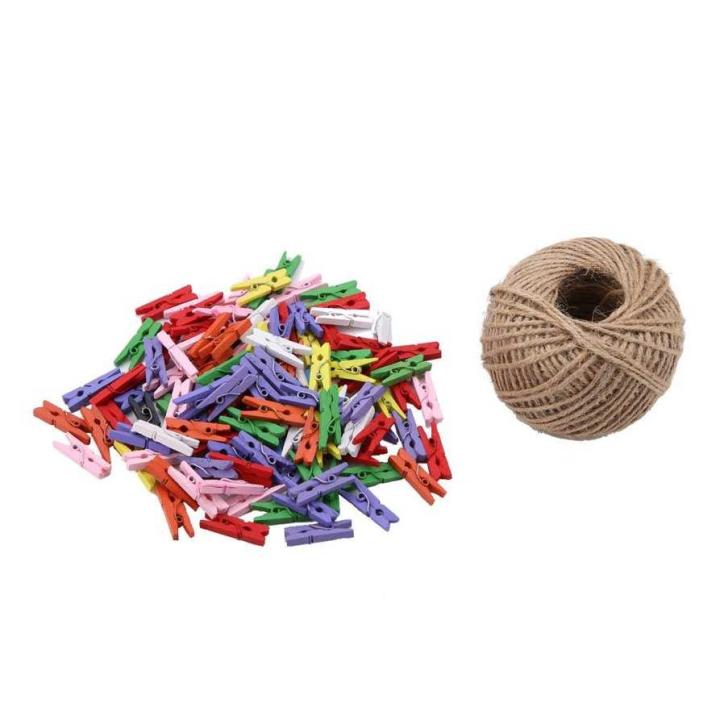 200pcs Natural Wooden Mini Clot spins Clip Peg with 1 Roll 50 Meter Jute T Clips spin Craft Decoration