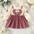 Spring And Autumn New Girls' Baby Long Sleeve Dress Corduroy Flower Decorative Sling Splice Infant Dress Sweet Girl Children'S Clothing Suitable For 0-3 Years Old. 
