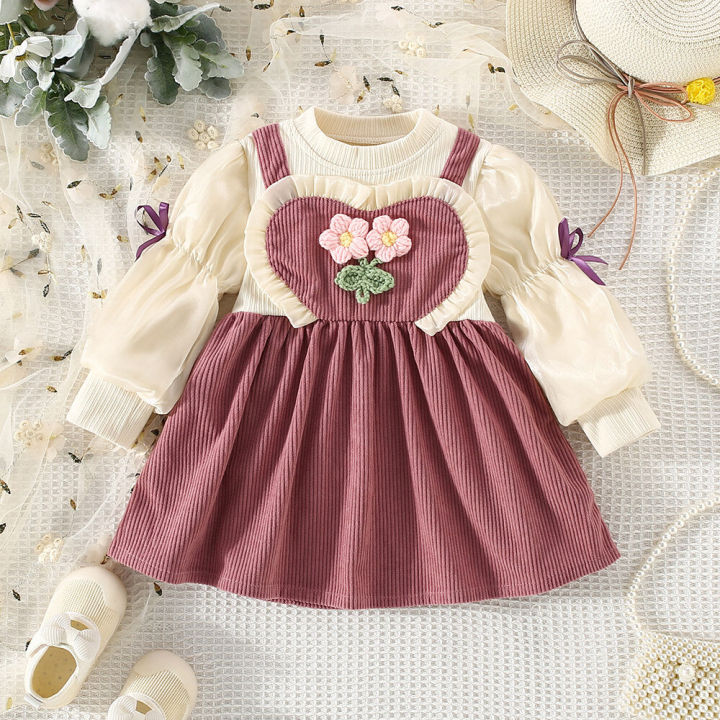 Spring And Autumn New Girls' Baby Long Sleeve Dress Corduroy Flower Decorative Sling Splice Infant Dress Sweet Girl Children'S Clothing Suitable For 0-3 Years Old