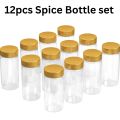 12 pcs Kitchen Spice Bottle Containers With Gold Color Lid Large Size Transparent Plastic Spicy Bottle set. 