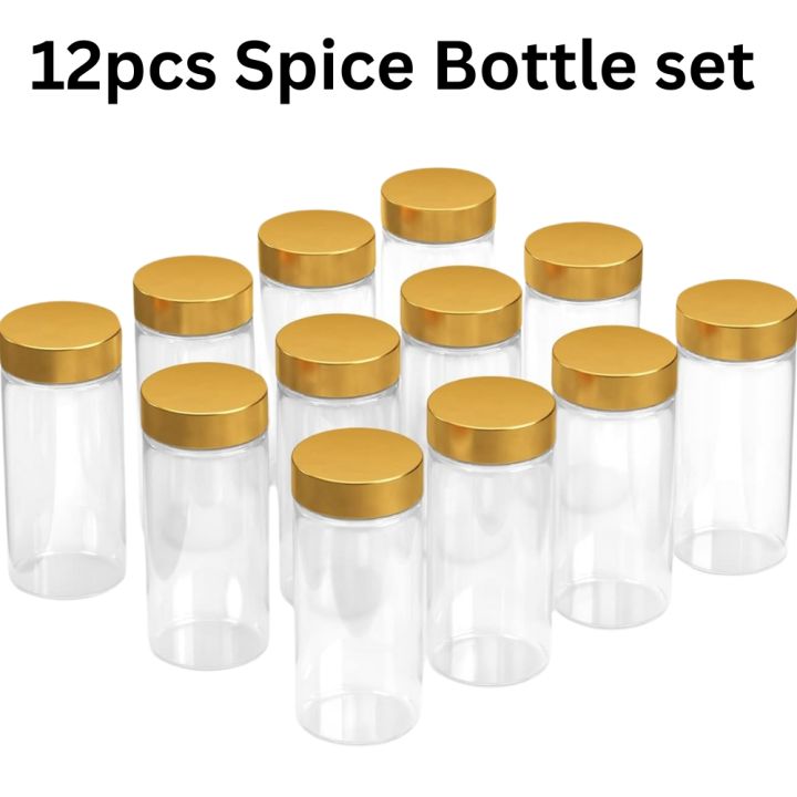 12%20pcs%20Kitchen%20Spice%20Bottle%20Containers%20With%20Gold%20Color%20Lid%20Large%20Size%20Transparent%20Plastic%20Spicy%20Bottle%20set%20-%20Image%202