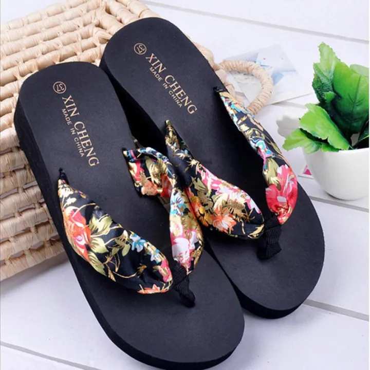 【BestGO】Bohemia Floral Beach Sandals Wedge Platform Thongs Slippers Flip Flops BK/36