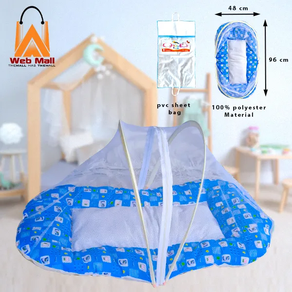 Foldable Baby Mosquito Net for Infants/ Baby's Safe Sleep (96 x 48 x 40cms) for Babies & Toddlers/ New Born Baby Sleeping Bedding with Mosquito Net/ Easy Foldable Set Insect Protection Net/ Mattress Pink/ Blue Printed Baby Net Bed