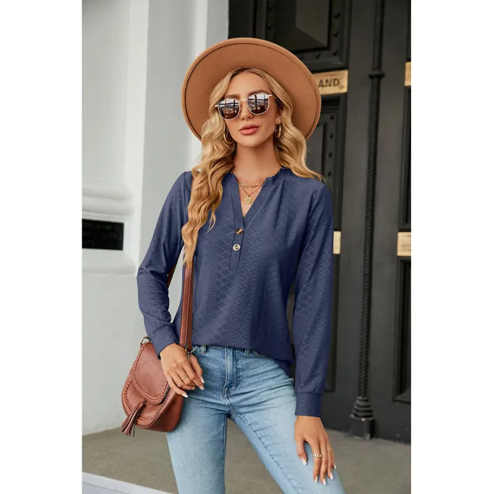 Yfashion%20Women%20Long%20Sleeves%20Tops%20Solid%20Color%20Design%20Button%20Shirt%20Blouse%20V-Neck%20Pullover%20Loose%20Jacquards%20T-Shirts%20Top%20-%20Image%206