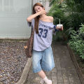 Women's Fashion Letter Print Chic Off-shoulder Short Sleeve Loose Casual T-shirt. 