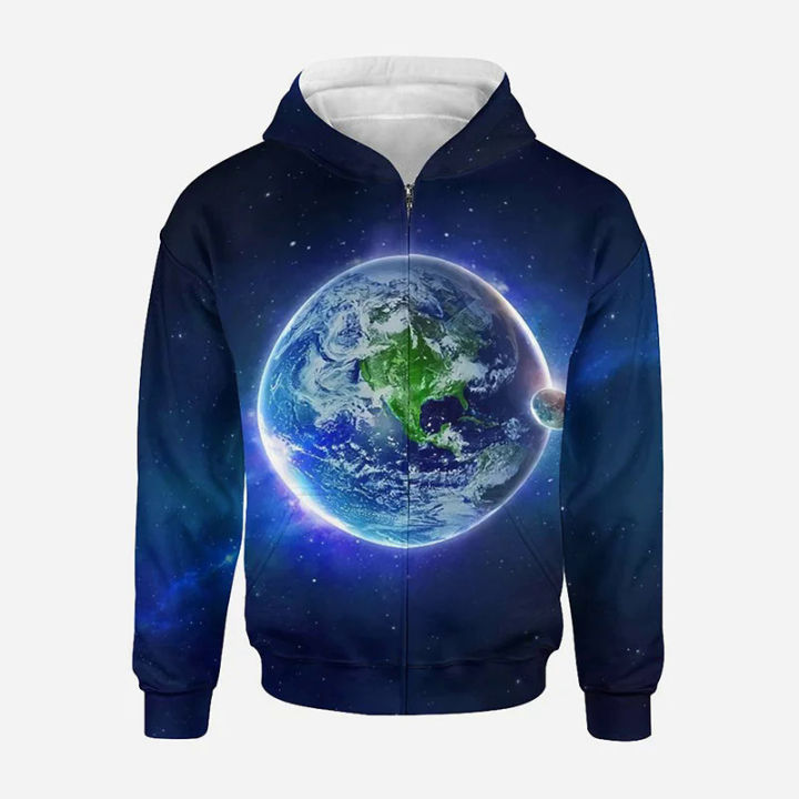 Earth Blue Planet Zip Up Hoodie Men Clothing 3D Universe Starry Sky Galaxy Printed Hoodies Women Harajuku Fashion Pullover Hoody