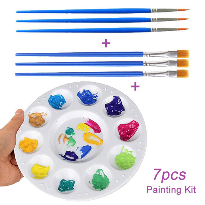 【LuxeGlow】Paint Tray Palettes Set 1pc Plastic Paint Pallet and 6pcs Paint Brushes Kit for Kids DIY Craft Art Painting Palette or Party