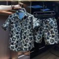 Ethnic Style Embossed Gilding Flower Short-Sleeved Shirt Shorts Two-Piece Men's Summer Ruan Shuai Loose Black Gold Shirt Suit. 