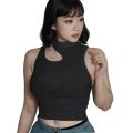 Trending Style Cut Out Turtle Neck Crop Top High Quality Stretchy Not See Thru Super Thick Cotton Rib Fabric 220 Gsm, Sleeveless Close Neck Casual Slim Fit Mock Neck Tee Tops Going Out Tops For Party Wear / T-Shirt In green, Blue And White Colors For Wome. 