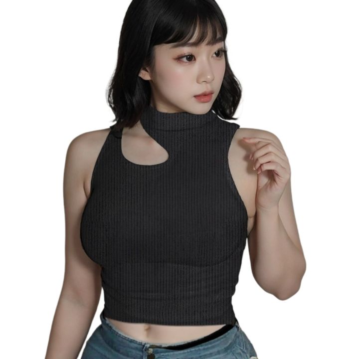 Trending Style Cut Out Turtle Neck Crop Top High Quality Stretchy Not See Thru Super Thick Cotton Rib Fabric 220 Gsm, Sleeveless Close Neck Casual Slim Fit Mock Neck Tee Tops Going Out Tops For Party Wear / T-Shirt In green, Blue And White Colors For Wome