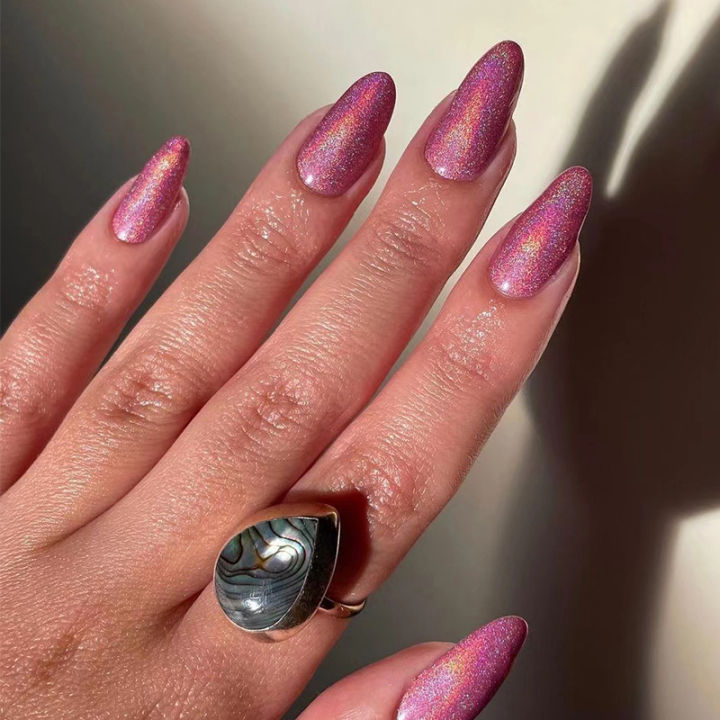 24pcs%20Glitter%20Nails%20Purple%20Shiny%20Cat%20Eye%20Press%20On%20Nails%20Almond%20Head%20Manicure%20Nail%20Tips%20Pink/Blue%20False%20Nail%20Patch%20For%20Girl%20-%20Image%202