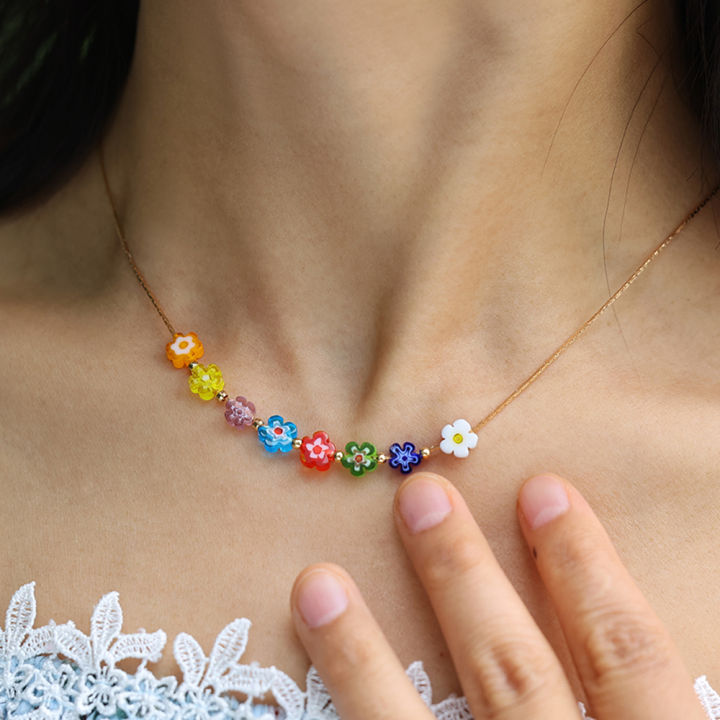 Korean Simple Cute Fashion Alloy Chain Jewelry Colorful Flower Beads Pendant Necklace For Women Girls