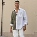 Lans Men's Oversized Patchwork Cuban Collar Shirt – Trendy Contrast Design, Casual Long Sleeve Wear (XS to 3XL). 