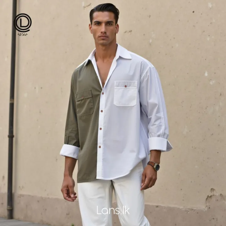 Lans Men's Oversized Patchwork Cuban Collar Shirt – Trendy Contrast Design, Casual Long Sleeve Wear (XS to 3XL)