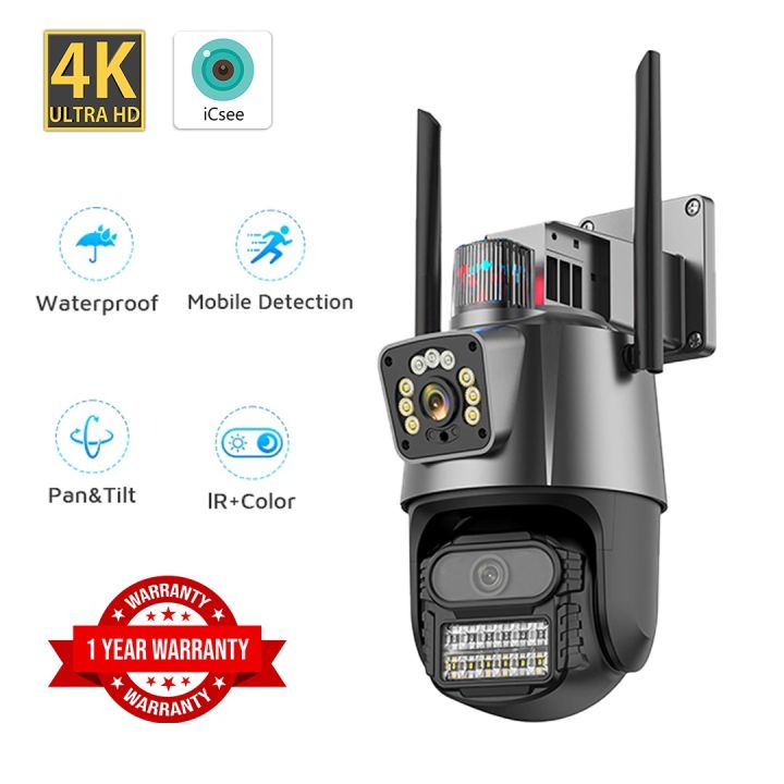 Outdoor Wifi PTZ Camera 4K 8MP HD Dual-Lens Dual Screen Camera AI Auto Tracking 4MP Video Surveillance Police Light Alarm iCSee