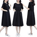Yfashion Women Cotton Short Sleeves Dress Simple Elegant Solid Color Round Neck A-line Skirt Loose Casual Dress With Pockets. 