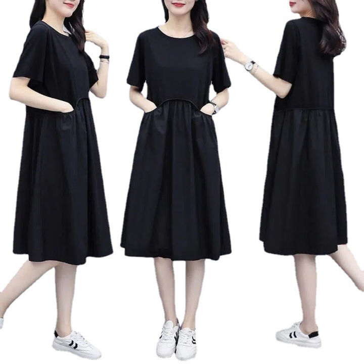 Yfashion%20Women%20Cotton%20Short%20Sleeves%20Dress%20Simple%20Elegant%20Solid%20Color%20Round%20Neck%20A-line%20Skirt%20Loose%20Casual%20Dress%20With%20Pockets%20-%20Image%206